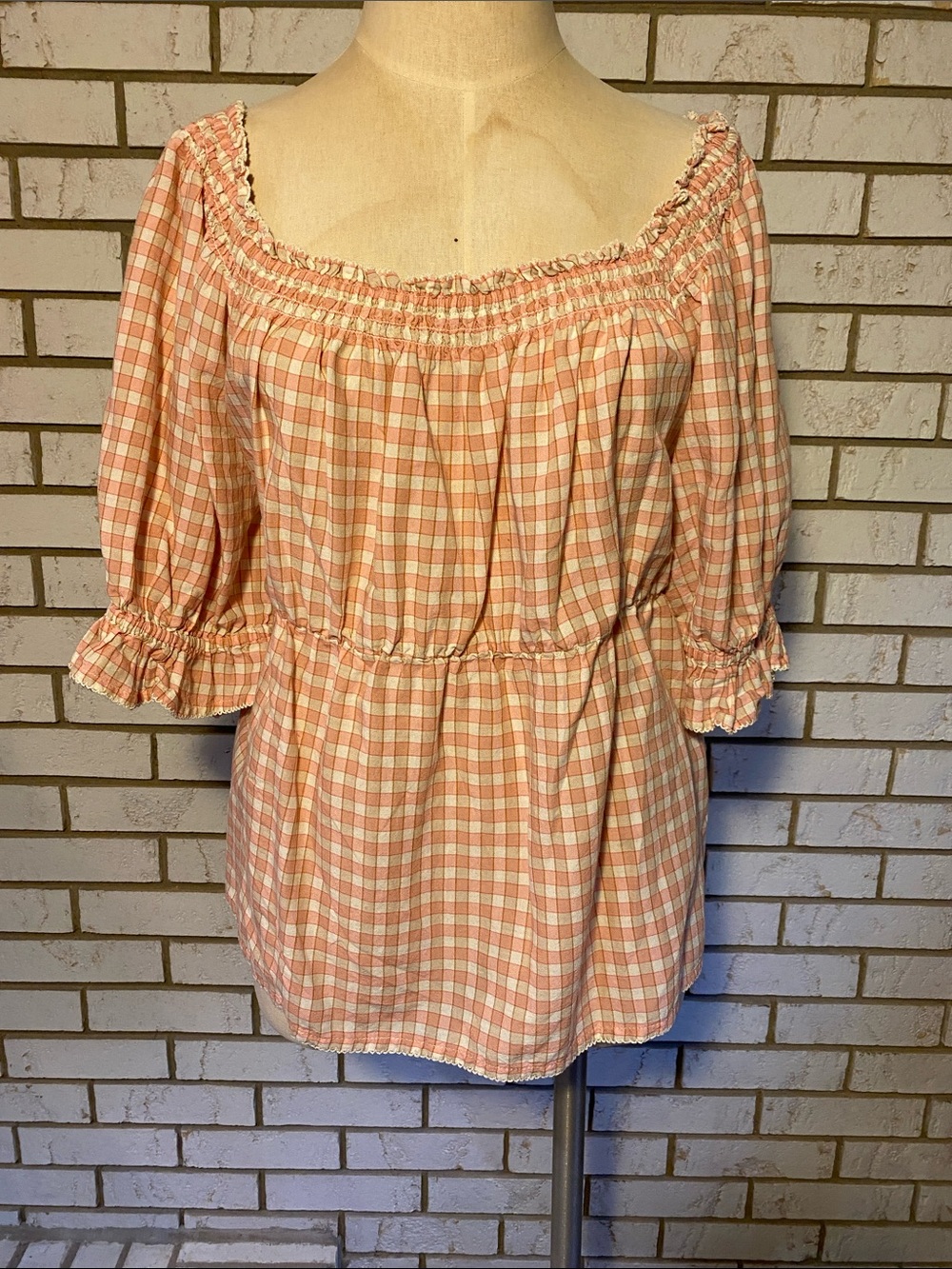 Old Navy Pink and Cream Gingham Off-Shoulder Peasant Top